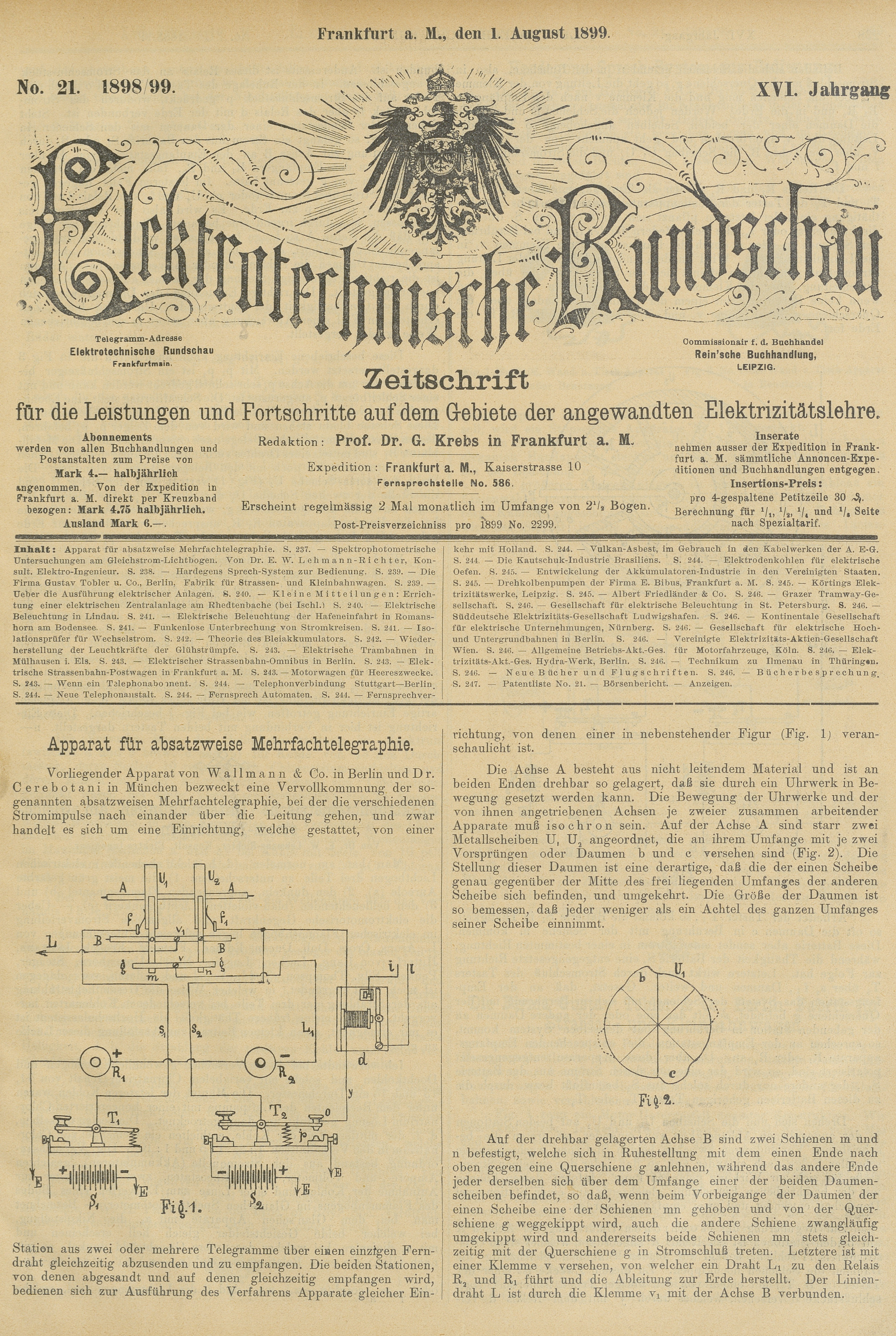 Elektrotechnische Rundschau : Zeitschrift für die Leistungen und Fortschritte auf dem Gebiete der angewandten Elektrizitätslehre, No. 21, XVI Jahrgang