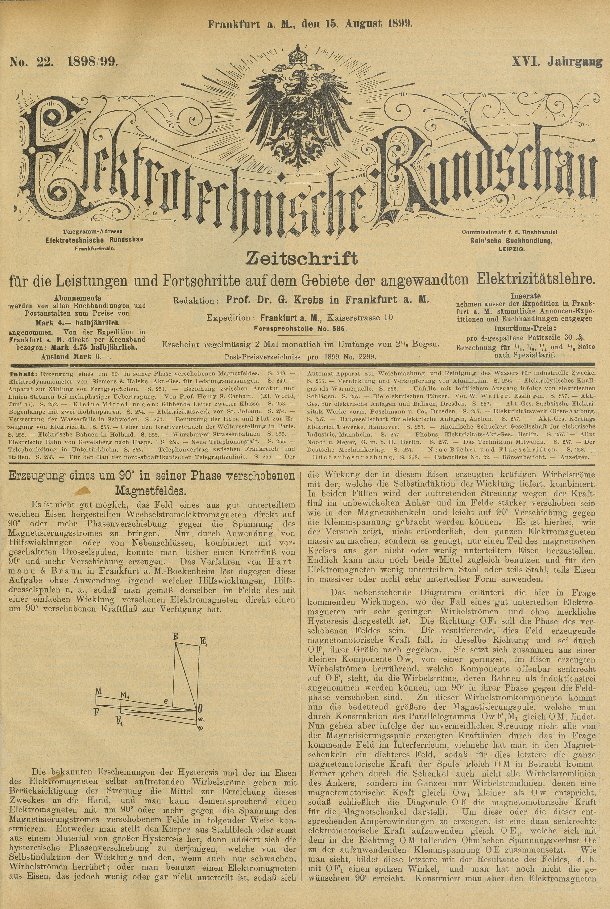 Elektrotechnische Rundschau : Zeitschrift für die Leistungen und Fortschritte auf dem Gebiete der angewandten Elektrizitätslehre, No. 22, XVI Jahrgang