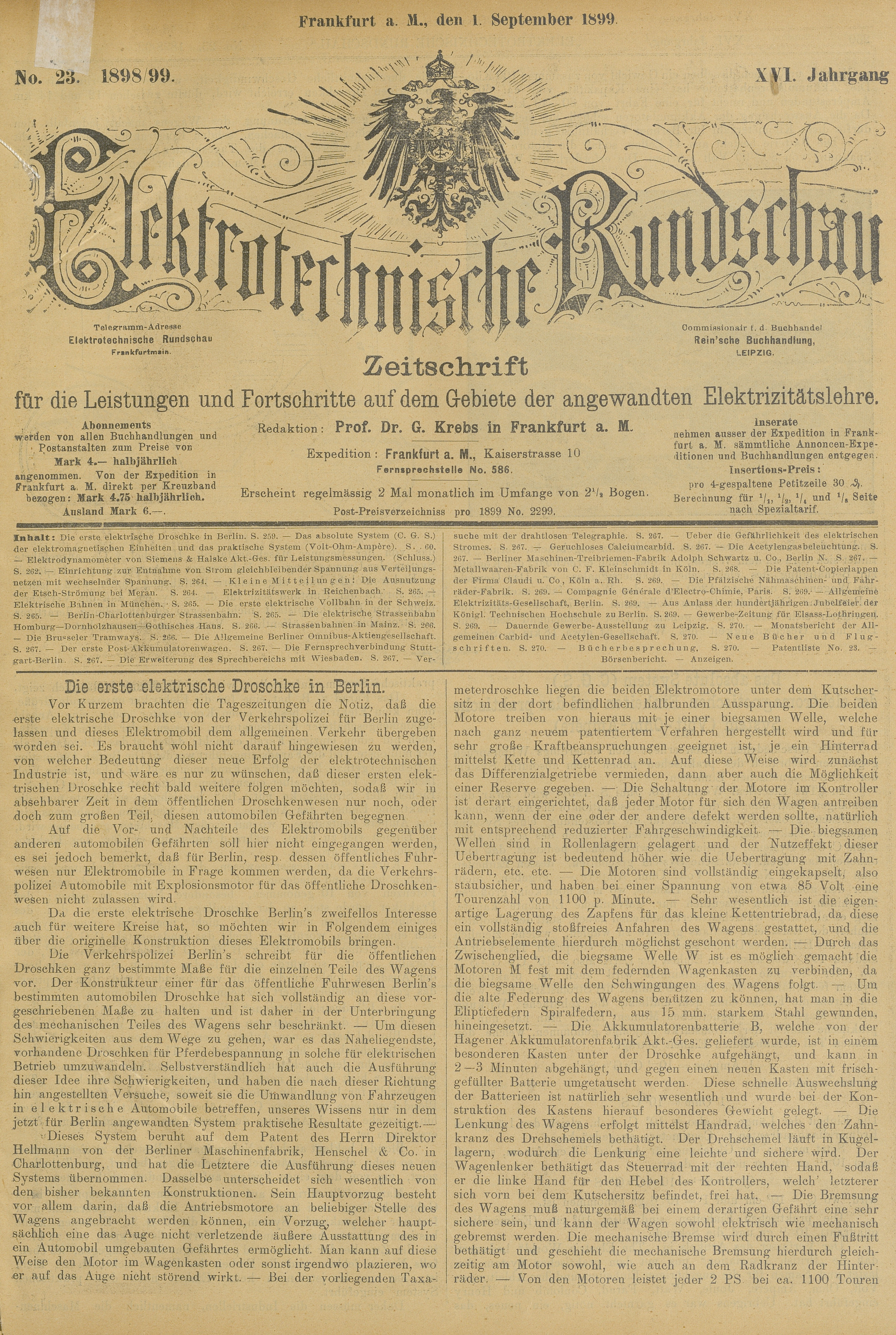 Elektrotechnische Rundschau : Zeitschrift für die Leistungen und Fortschritte auf dem Gebiete der angewandten Elektrizitätslehre, No. 23, XVI Jahrgang