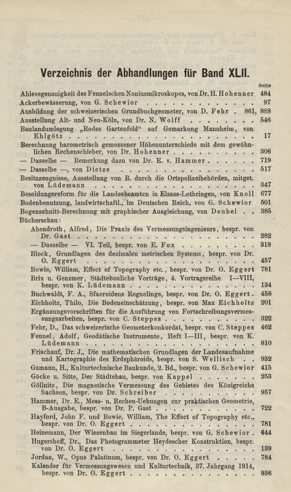Zeitschrift für Vermessungswesen, 1913, Index