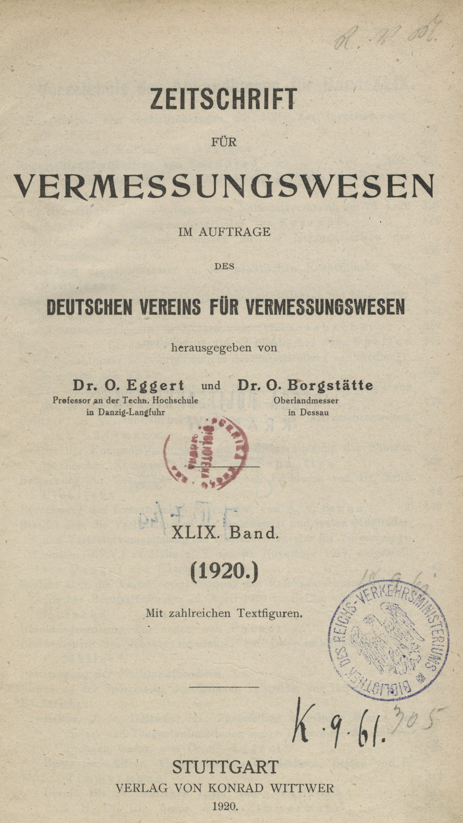 Zeitschrift für Vermessungswesen, 1920, Index