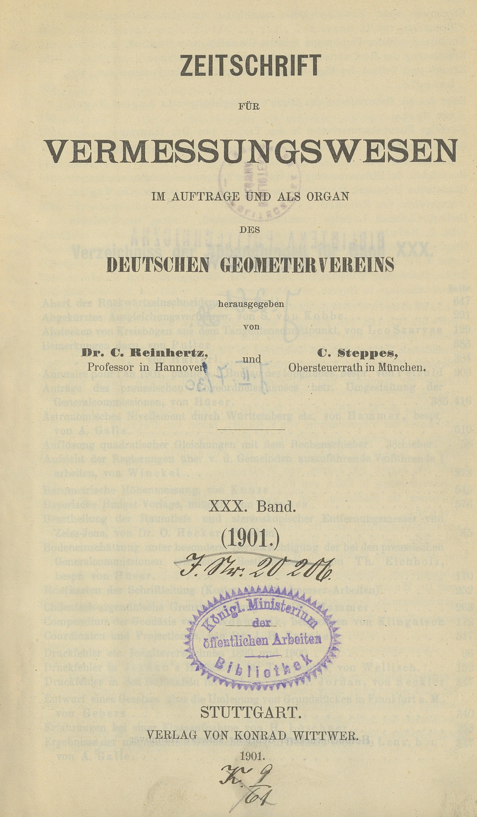 Zeitschrift für Vermessungswesen, 1901, Index