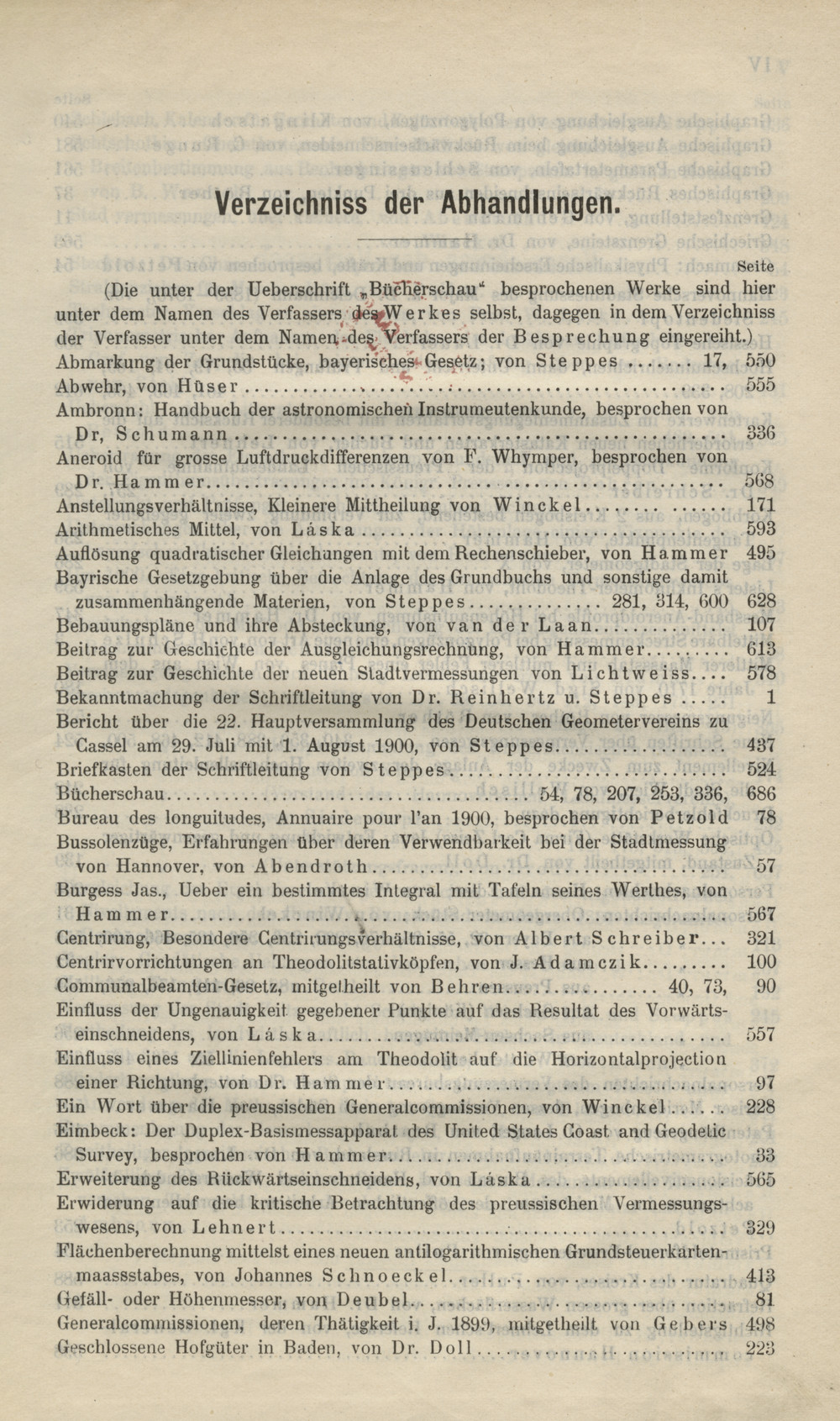 Zeitschrift für Vermessungswesen, 1900, Index