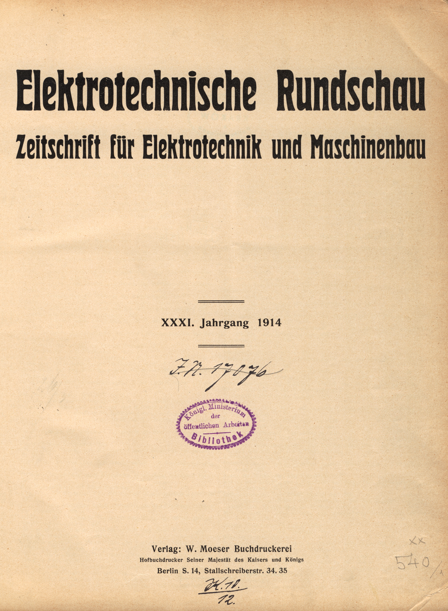 Elektrotechnische Rundschau : Zeitschrift für Elektrotechnik und Maschinenbau, 1914, Index