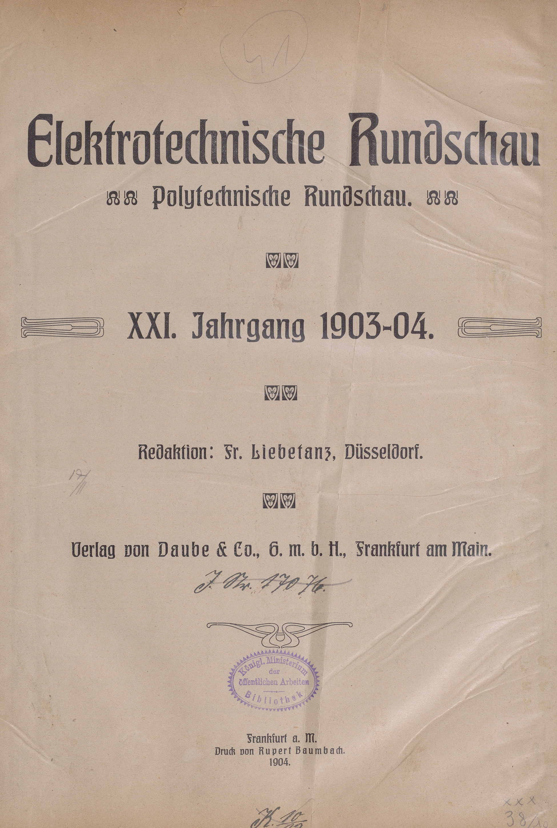 Elektrotechnische Rundschau : Zeitschrift für die Leistungen und Fortschritte auf dem Gebiete der angewandten Elektrizitätslehre, 1903-04, Index