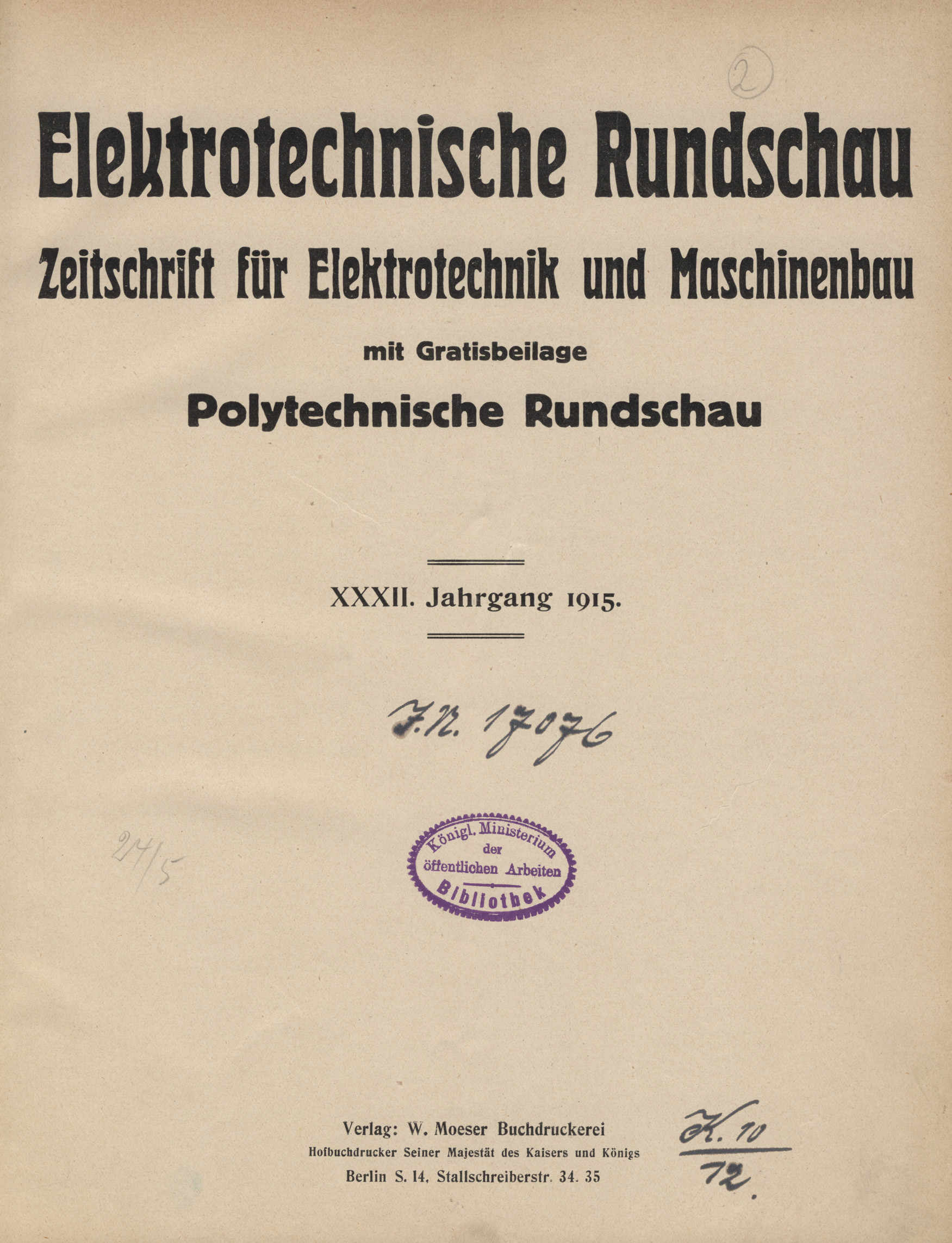 Elektrotechnische Rundschau : Zeitschrift für Elektrotechnik und Maschinenbau, 1915, Index