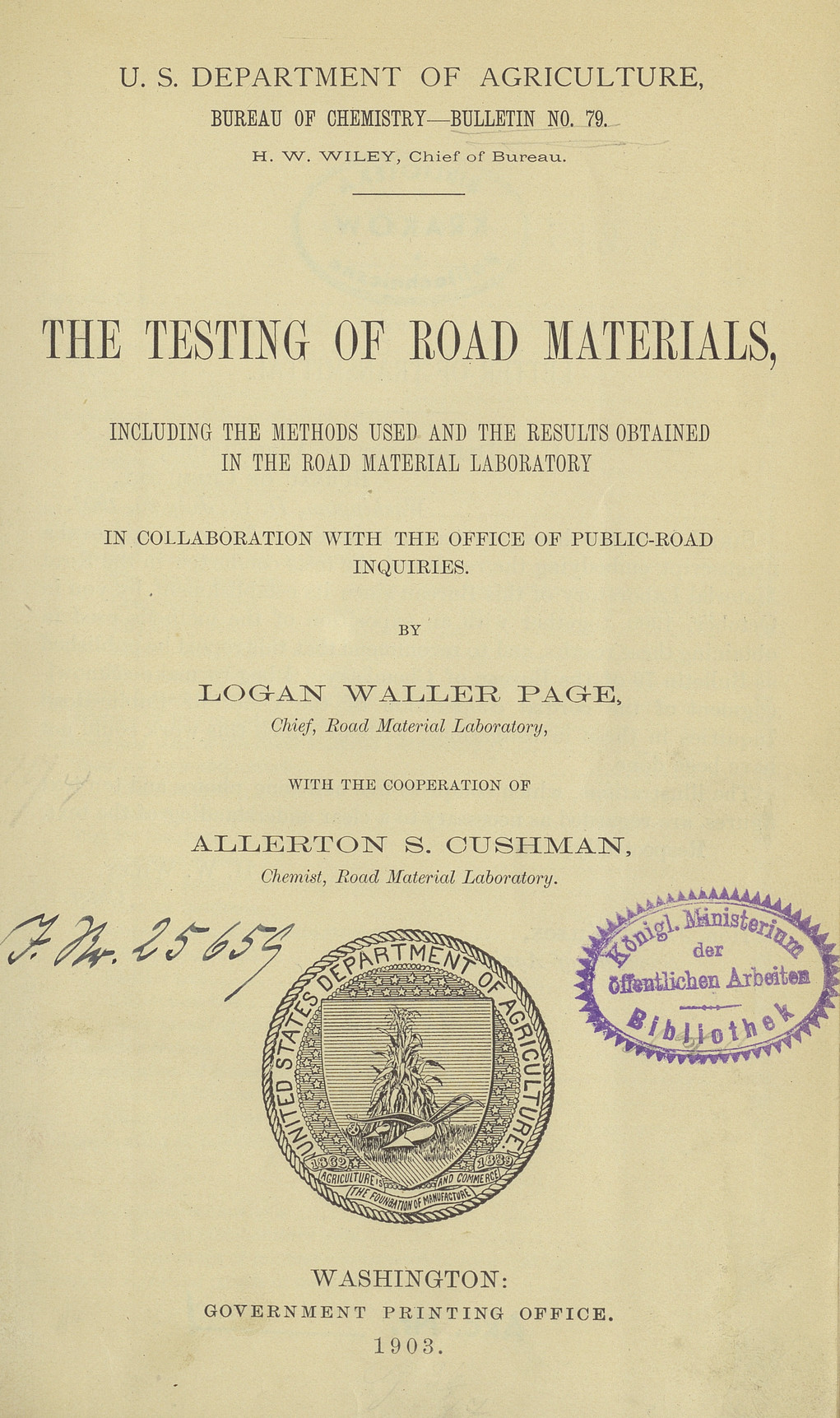 The testing of road materials, including the methods used and the results obtained in the Road Material Laboratory, in collaboration with the Office of Public-Road Inquiries