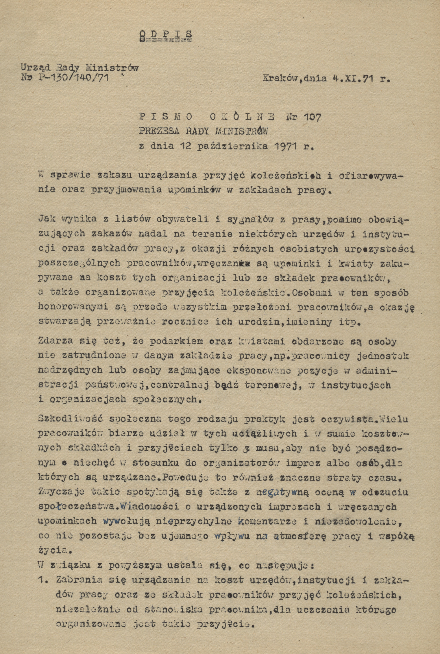 Pismo okólne nr 107 Prezesa Rady Ministrów z dnia 12 października 1971 r. : w sprawie zakazu urządzania przyjęć koleżeńskich i ofiarowywania oraz przyjmowania upominków w zakładach pracy
