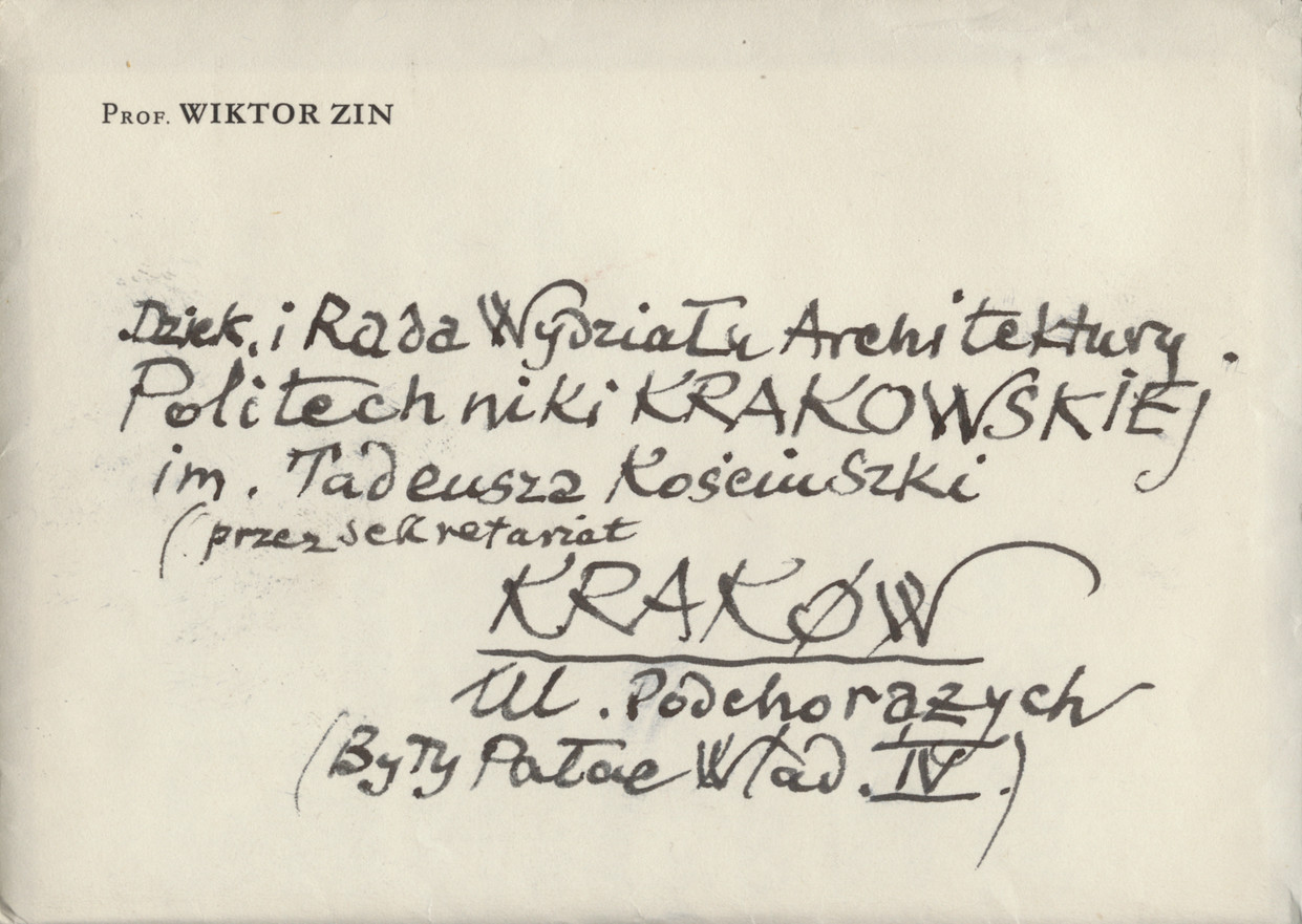 List prof. dra Wiktora Zina do Rady Wydziału Architektury PK