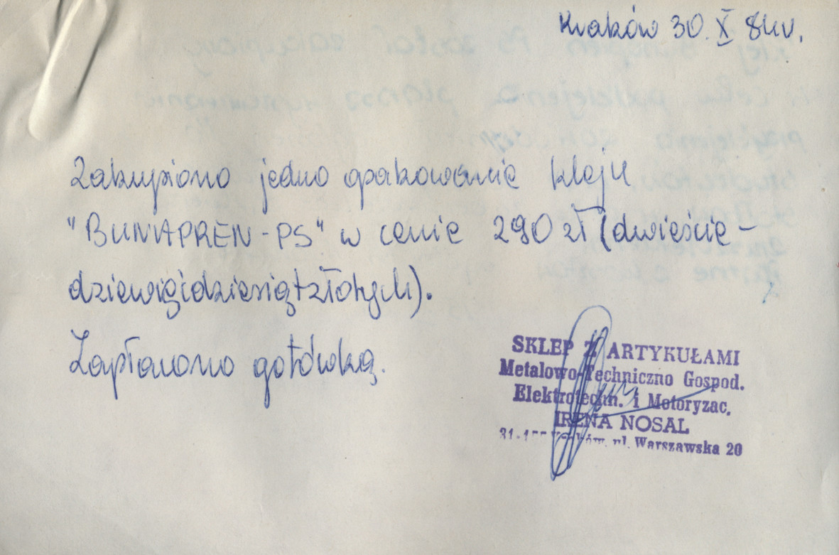 Kwit zakupowy na klej &amp;quot;Bunapren - PS&amp;quot; z uzasadnieniem