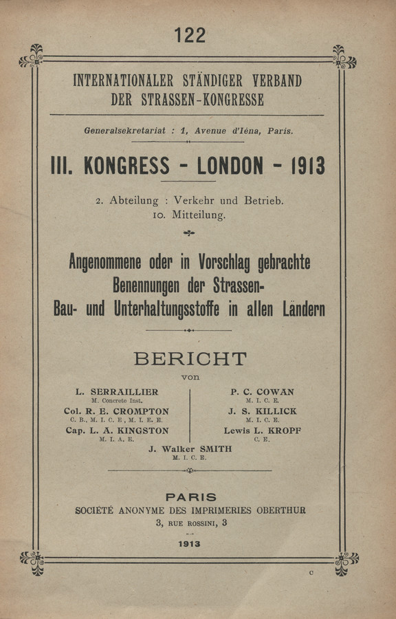 III. Kongress - London - 1913. Abt. 2, Verkehr und Betrieb. Mitt. 10, Angenommene oder in Vorschlag gebrachte Benennungen der Strassen- Bau- und Unterhaltungsstoffe in allen Ländern