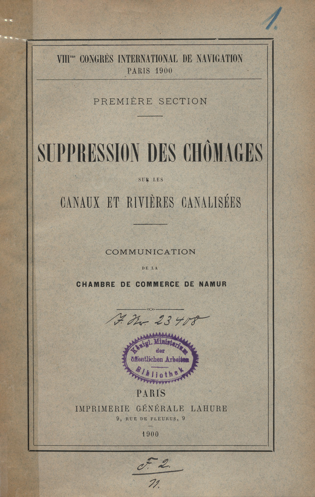VIIIème congrès international de navigation, Paris, 1900 : première section : suppression des chômages sur les canaux et rivières canalisées