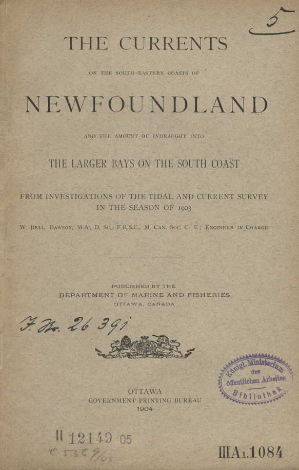 The currents on the south-eastern Coasts of Newfoundland and the amount of indraught into the larger bays on the South Coast : from investigations of the Tidal and Current Survey in the season of 1903