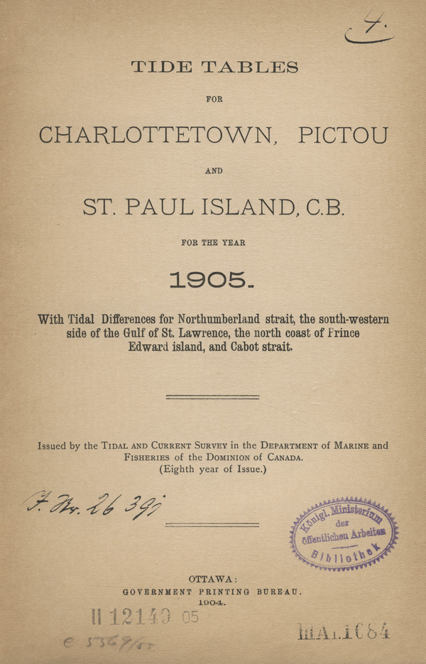 Tide tables for Charlottetown, Pictou and St. Paul island, C.B. for the year 1905 : With Tidal Differences for Northumberland strait, the south-western side of the Gulf of St. Lawrence, the north coast of Prince Edward Island, and Cabot strait