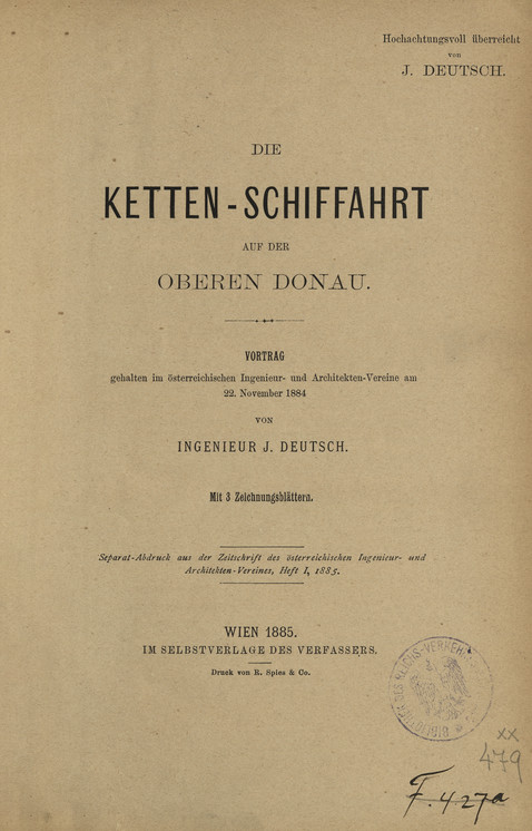 Die Ketten-Schiffahrt auf der Oberen Donau : Vortrag gehalten im österreichischen Ingenieur- und Architekten-Vereine am 22. November 1884